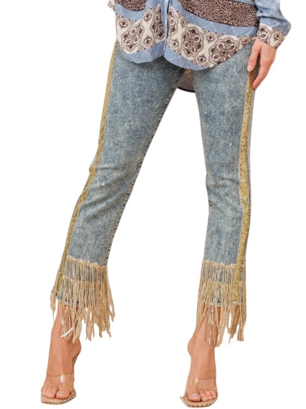NEW blue b Medium Wash Gold Side Sequin Tape & Rhinestone Fringe Denim Jeans